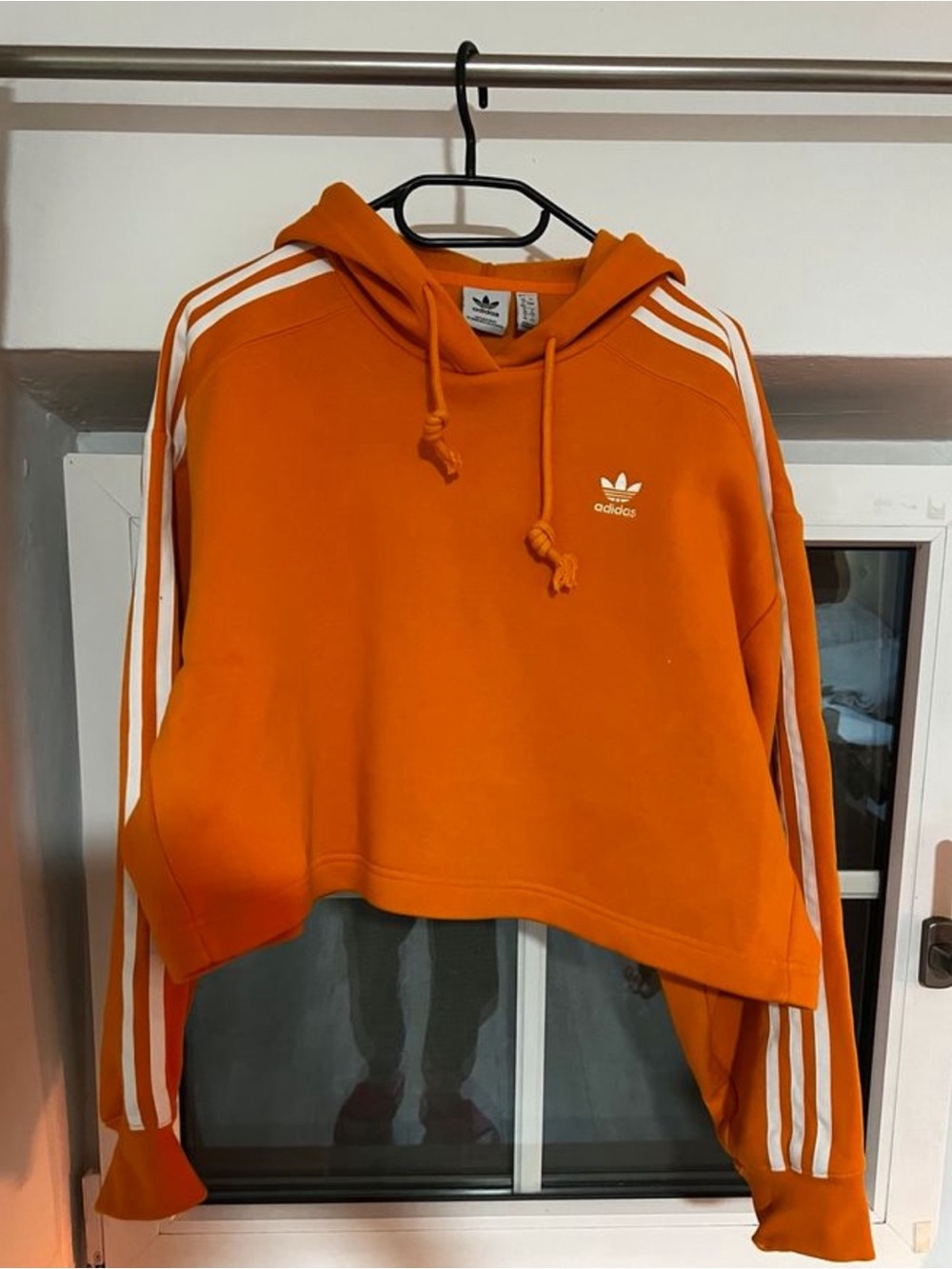 adidas Orange Cropped Hoodie with White Stripes